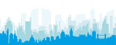 Mavi panoramik şehir silueti afişi. LONDON, UNITED KINGDOM 'un mavi saydam arka plan binaları.