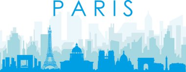 PARIS, FRANCE 'ın mavi saydam arka plan binalarıyla mavi panoramik şehir silueti posteri