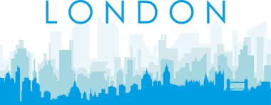 Mavi panoramik şehir silueti afişi. LONDON, UNITED KINGDOM 'un mavi saydam arka plan binaları.