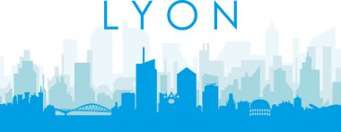 LYON, FRANCE 'ın mavi saydam arka plan binalarıyla mavi panoramik şehir silueti posteri