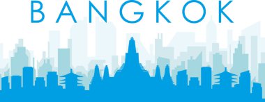 Mavi panoramik şehir silueti afişi, BANGKOK, THAILAND 'ın mavi saydam arka plan binaları