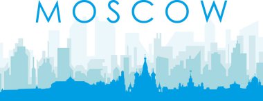 MOSCOW, RUSSIA 'nın mavi saydam arka plan binalarıyla mavi panoramik şehir silueti posteri