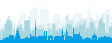 MUNICH, GERMANY 'nin mavi saydam arka plan binalarıyla mavi panoramik şehir silueti posteri