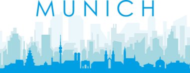 MUNICH, GERMANY 'nin mavi saydam arka plan binalarıyla mavi panoramik şehir silueti posteri
