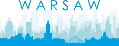 Mavi panoramik şehir gökyüzü posteri. WARSİZ, POLAND 'un mavi, şeffaf arka plan binaları.