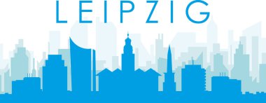 LEIPZIG, GERMANY 'nin mavi saydam arka plan binalarıyla mavi panoramik şehir silueti posteri