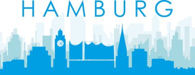 HAMBURG, GERMANY 'nin mavi saydam arka plan binalarıyla mavi panoramik şehir silueti posteri