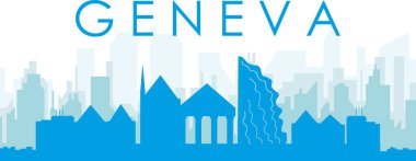 Mavi panoramik şehir gökyüzü posteri. GENEVA, SWitzERLAND 'ın mavi saydam arka plan binaları.