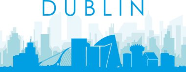 Mavi panoramik şehir gökyüzü posteri. DuBLIN, IRELAND 'ın mavi, şeffaf arka plan binaları.