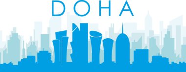 Mavi panoramik şehir gökyüzü posteri. DOHA, QATAR 'ın mavi saydam arka plan binaları.