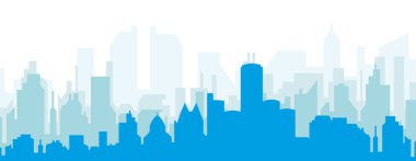 DETROIT, BİRLİK DETROIT 'un mavimsi şeffaf arka plan binalarıyla mavi panoramik şehir silueti posteri