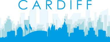 CARDIFF, UNITED KINGDOM 'un mavimsi saydam arka plan binalarıyla mavi panoramik şehir silueti posteri