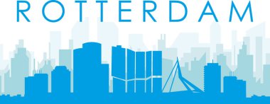 ROTTERDAM, NETHERLANDS Mavimsi şeffaf arka plan binaları ile mavi panoramik şehir siluet poster