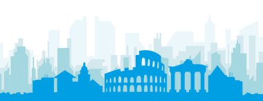 Roma, İtalya 'nın mavi saydam arka plan binalarıyla mavi panoramik şehir silueti posteri