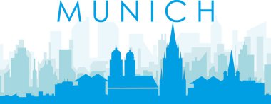 MUNICH, GERMANY 'nin mavi saydam arka plan binalarıyla mavi panoramik şehir silueti posteri