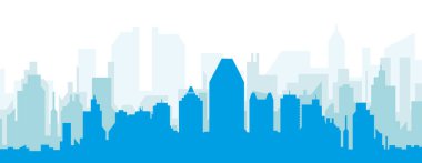 MONTREAL, CANADA 'nın mavi saydam arka plan binalarıyla mavi panoramik şehir silueti posteri