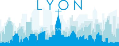 LYON, FRANCE 'ın mavi saydam arka plan binalarıyla mavi panoramik şehir silueti posteri