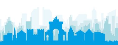 LISBON, PORTUGAL 'ın mavi saydam arka plan binalarıyla mavi panoramik şehir silueti posteri