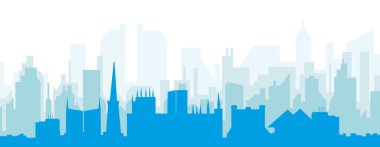 YORK, UNITED KINGDOM 'un mavi sisli arka plan binalarıyla mavi panoramik şehir silueti posteri