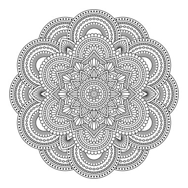 Vektör olarak izole edilmiş mandala. Yuvarlak desenli beyaz ve siyah renkler. Klasik dekoratif öge 