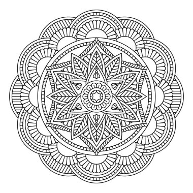 Vektör olarak izole edilmiş siyah mandala. Yuvarlak çiçek deseni boyanmamış. Renklendirme sayfaları ve tasarımı için klasik monokrom ögesi