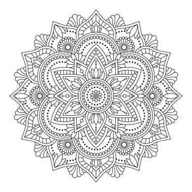 Vektör olarak izole edilmiş mandala. Yuvarlak desenli beyaz ve siyah renkler. Klasik dekoratif öge 