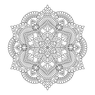 Vektör olarak izole çiçek mandalası. Yuvarlak çizgi deseni. Renk sayfaları, dövme ve dekorasyon için klasik monokrom ögesi