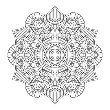 Vektör olarak izole edilmiş mandala. Yuvarlak desenli beyaz ve siyah renkler. Klasik dekoratif öge 