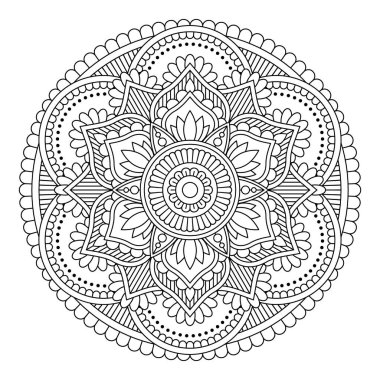 Vektör olarak izole edilmiş siyah mandala. Yuvarlak çiçek deseni boyanmamış. Renklendirme sayfaları ve tasarımı için klasik monokrom ögesi