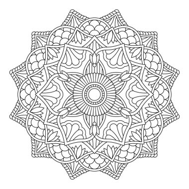 Vektör olarak izole edilmiş siyah mandala. Yuvarlak çiçek deseni boyanmamış. Renklendirme sayfaları ve tasarımı için klasik monokrom ögesi