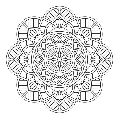 Vektör süslemeli mandala. Yuvarlak çizgi deseni. Renkli sayfalar, davetiye, broşür, kart, logo, kapak, afiş, iç mekan için klasik monokrom dekoratif unsur 