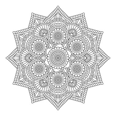 Vektör olarak izole edilmiş siyah mandala. Yuvarlak çiçek deseni boyanmamış. Renklendirme sayfaları ve tasarımı için klasik monokrom ögesi