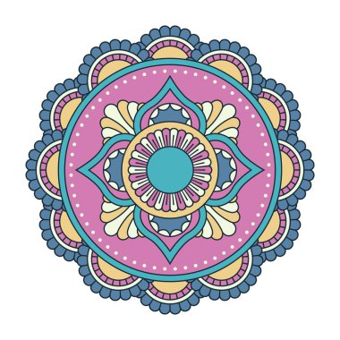 Beyaz arka planda izole edilmiş renkli dairesel mandala. Pembe, sarı ve mavi renkli kabile süsü. Oryantal desen, kitap, kart, tekstil, moda baskısı için klasik dekoratif unsur. Etnik dantel tasarımı