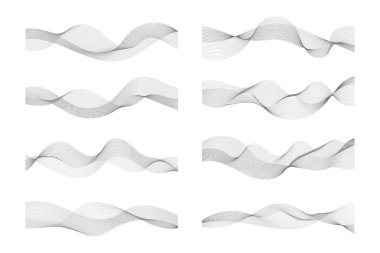 Tasarım için soyut dalga elementleri kümesi. Eğri dinamik dalgalı çizgi, teknoloji, bilim, müzik, iş, modern konsept için düz çizgi. Pankart, şablon, duvar kağıdı arkaplanı için