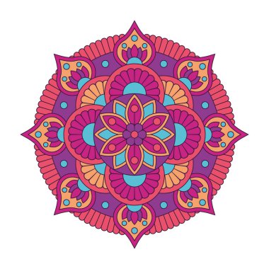 Vektör mandala beyaz arkaplanda izole edildi. Kırmızı ve mor renkli mandala ile süslenmiş bir kart. Doğulu desen, tasarım için klasik dekoratif unsur