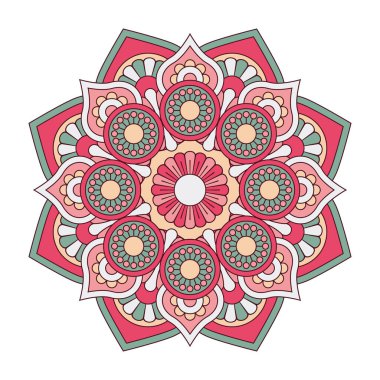 Vektör mandala beyaz arkaplanda izole edildi. Kırmızı ve yeşil renkli mandalalı süs kartı. Doğulu desen, tasarım için klasik dekoratif unsur