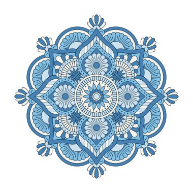 Vektör mandala beyaz arkaplanda izole edildi. Mavi ve gri renkte mandalalı süs kartı. Doğulu desen, tasarım için klasik dekoratif unsur