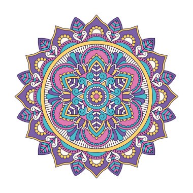 Vektör mandala beyaz arkaplanda izole edildi. Menekşe rengi, sarı ve mavi renkli mandalalı süs kartı. Doğulu desen, tasarım için klasik dekoratif unsur