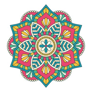 Vektör mandala beyaz arkaplanda izole edildi. Sarı, kırmızı ve yeşil renkli mandala ile süslenmiş bir kart. Doğulu desen, tasarım için klasik dekoratif unsur