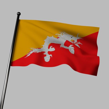 Bhutan bayrağı gri arka planda dalgalanıyor. Dalgalı kumaş etkisi bu üç boyutlu görüntüye derinlik katıyor. Sarı ve turuncu arka plandaki beyaz ejderha saflığı, sadakati, otoriteyi ve Budizm 'in ruhani geleneklerini sembolize ediyor..