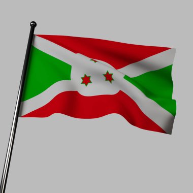 Burundi bayrağı gri bir zeminde 3 boyutlu dalgalanır. Bayrağın kırmızı, yeşil ve beyaz renkleri birlik, umut ve barışı temsil ederken, hiciv haçı ülkenin Hıristiyan mirasını simgeliyor..