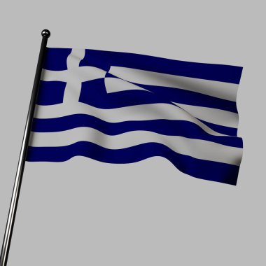 Yunanistan bayrağı gri arka planda dalgalanıyor, 3 boyutlu illüstrasyon. Mavi ve beyaz yatay çizgiler, sol üst köşesinde beyaz bir haç var. Haç Yunan Ortodoks Kilisesini temsil ediyor.