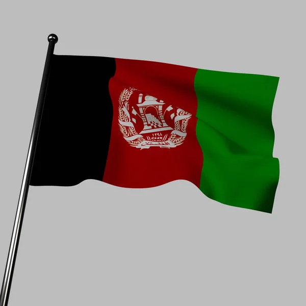아프가니스탄 국기의 렌더링 바람에 휘날리는 배경에는 검은색 빨간색 줄무늬와 엠블렘 — 스톡 사진
