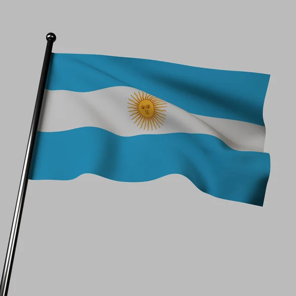 3D渲染展示了阿根廷国旗 现实的面料在风中飘扬 在中性的灰色背景下 蓝白相间的条纹和金色的太阳构成了阿根廷的一个大胆而象征性的形象 — 图库照片