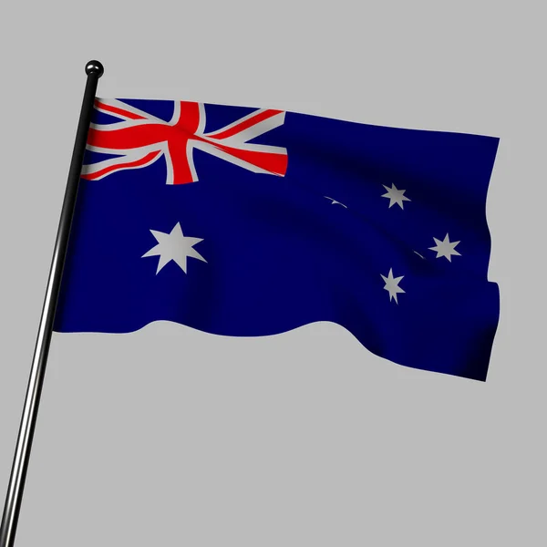 3D rendering of the Australian flag, featuring realistic fabric that appears to wave in the wind. The Union Jack, Southern Cross, and vibrant blue and red colors create a bold and patriotic image of Australia