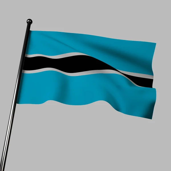 这个3D渲染描绘了在灰色背景下挥动的博茨瓦纳国旗 国旗的背景为浅蓝色 带有黑色的垂直条纹 白色的锯齿状标志着该国的矿物 这种波浪形的布给图像添加了一个动态的元素 — 图库照片