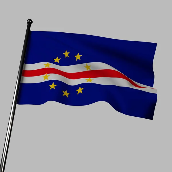 佛得角国旗在灰色背景下在3D中摇曳 它有10颗蓝星 在蓝白相间的条纹上呈圆形 代表大海 天空和10个岛屿 佛得角是一个以音乐 海滩和殖民历史而闻名的非洲群岛 — 图库照片