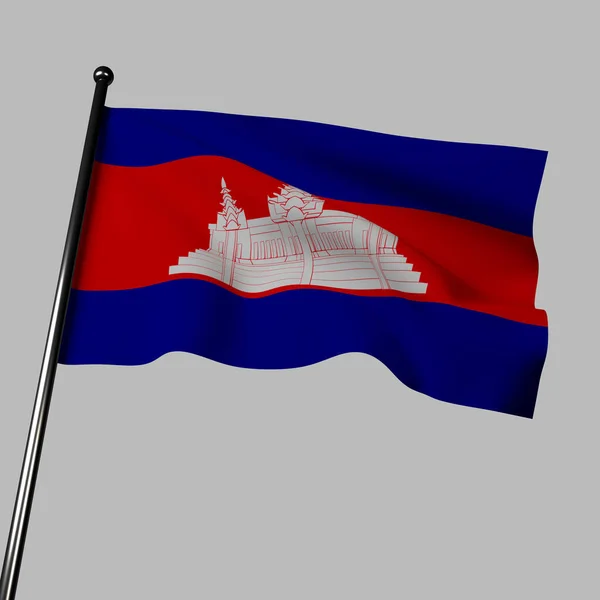 Bandiera Cambogia Sventola Sfondo Grigio Strisce Blu Rosse Con Emblema — Foto Stock