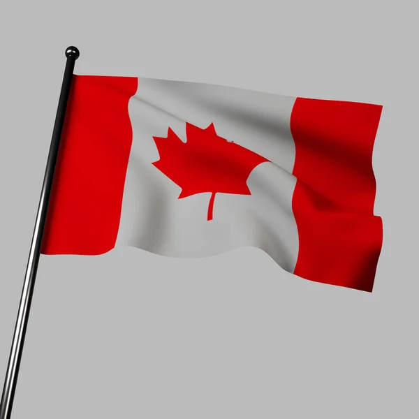 Gri Arka Planda Sallanan Boyutlu Kanada Bayrağı Merkezinde Kırmızı Akçaağaç — Stok fotoğraf