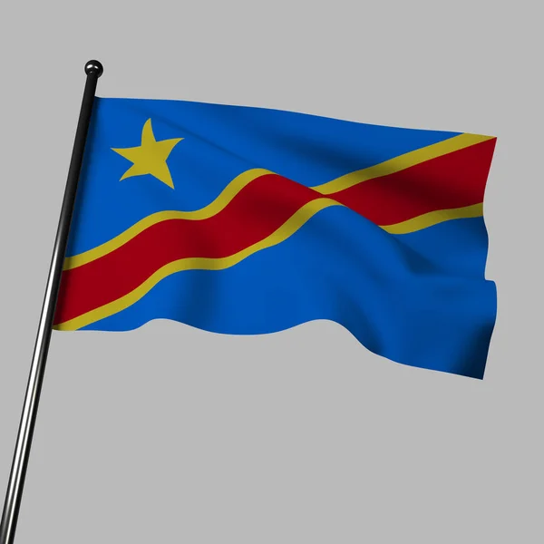 刚果民主共和国国旗3D在灰色上的渲染有一个黄色 红色和蓝色的斜线条纹和一个黄色的恒星 颜色象征着和平 潜在的财富 明星代表团结与希望 — 图库照片